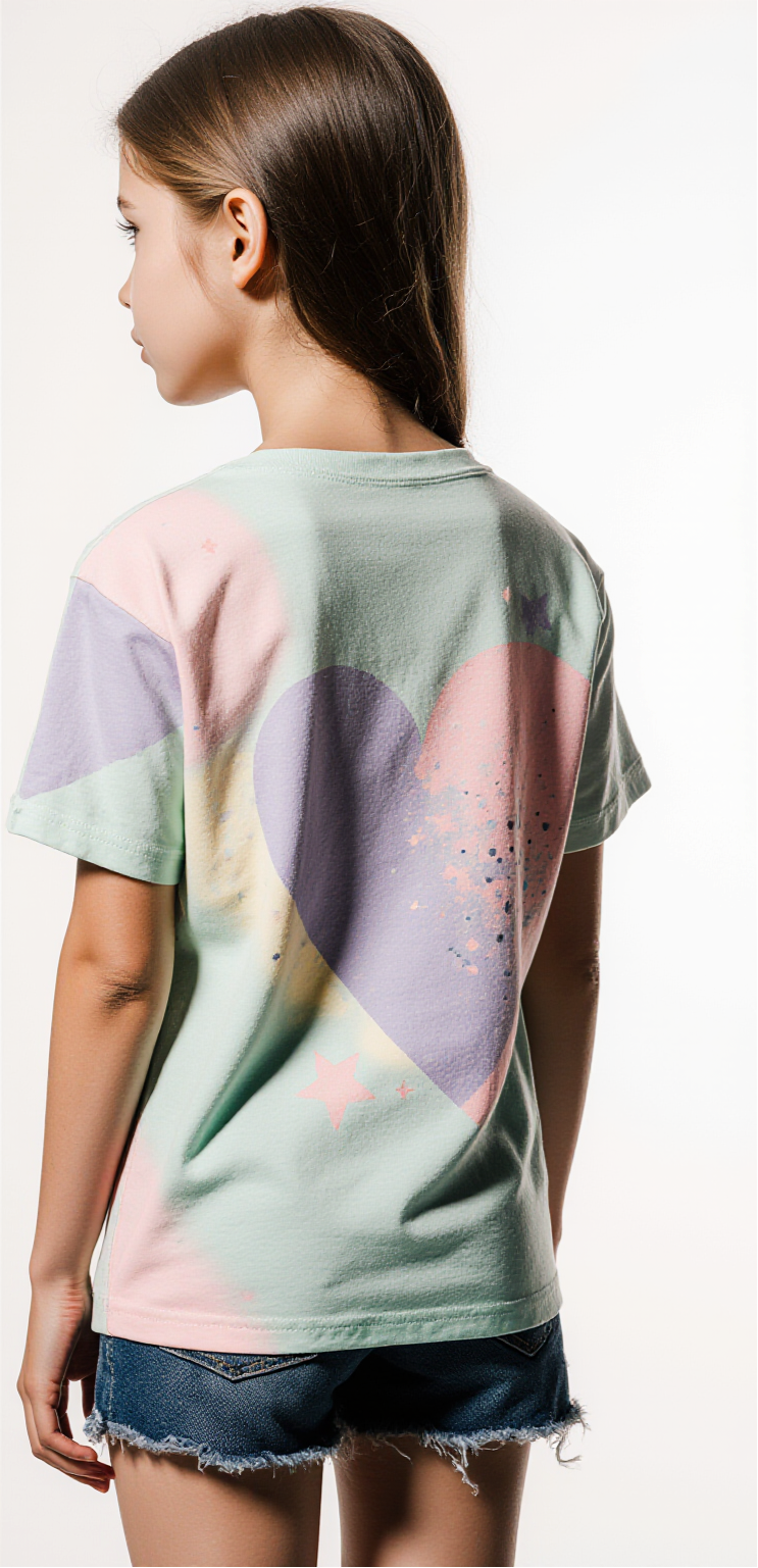 Girls’ Pastel Heart T-Shirt – Mint Tee with Pink & Lavender Star Design – Cute Kids Streetwear USA