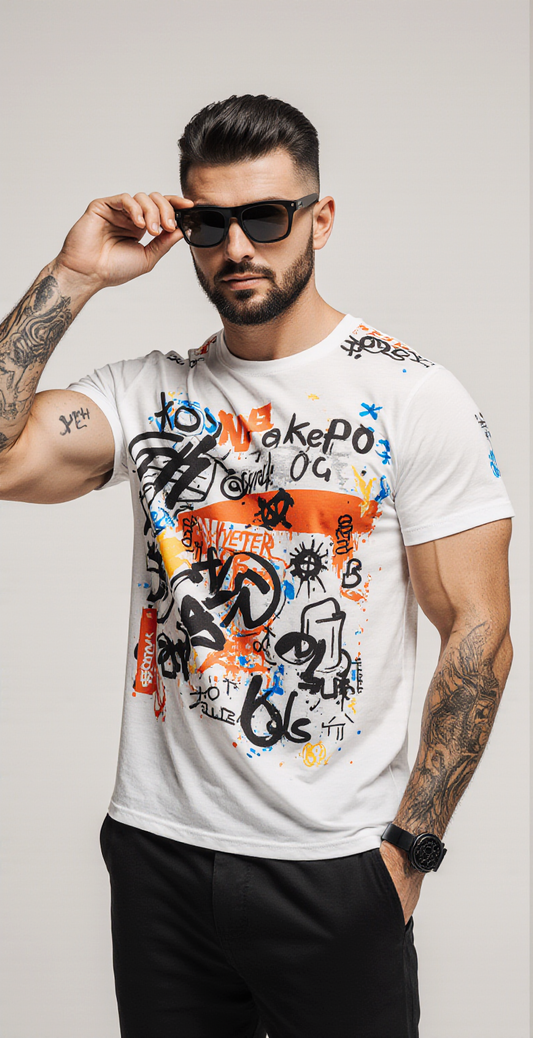 White Streetwear Graffiti T-Shirt for Men – Premium Cotton – Modern Fit