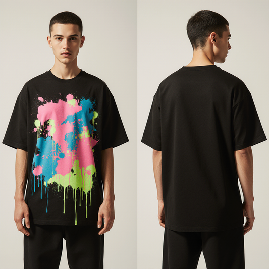 Black Oversized Streetwear T-Shirt – Neon Paint Splash Graphic – Urban Fashion for Men