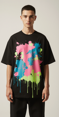 Black Oversized Streetwear T-Shirt – Neon Paint Splash Graphic – Urban Fashion for Men