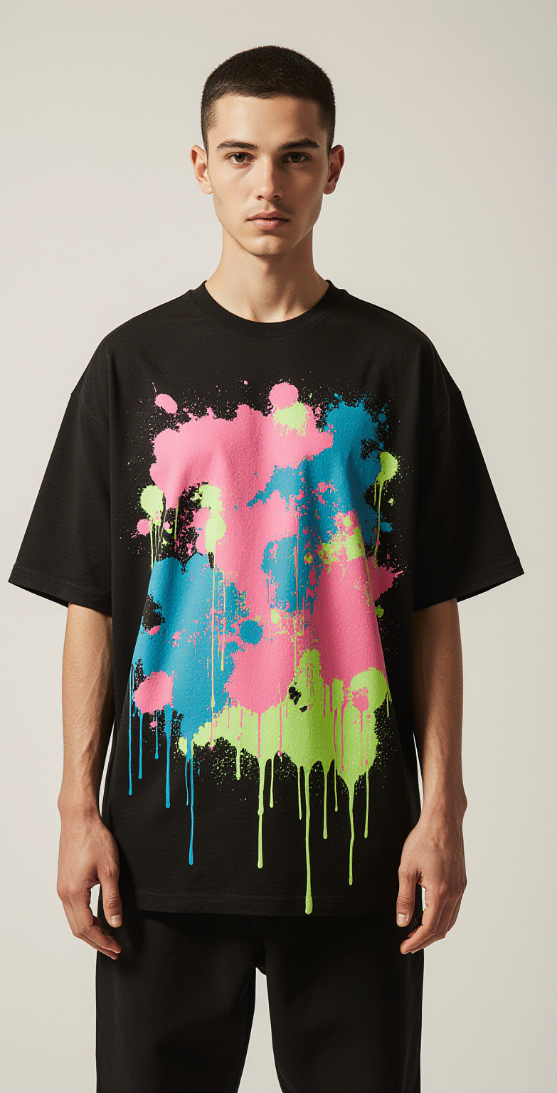 Black Oversized Streetwear T-Shirt – Neon Paint Splash Graphic – Urban Fashion for Men