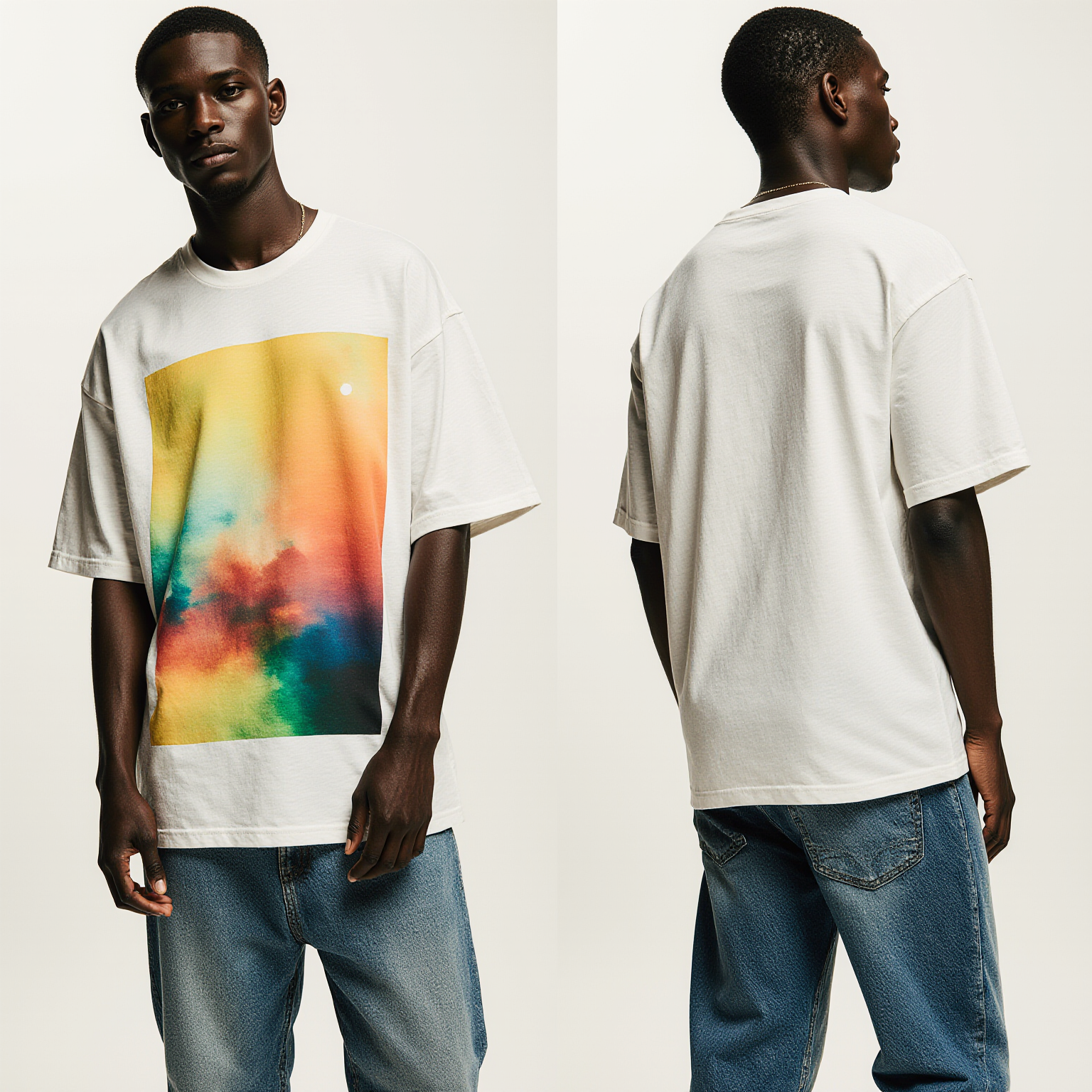 Oversized White T-Shirt with Vibrant Abstract Sunset Print – Streetwear Summer Fashion