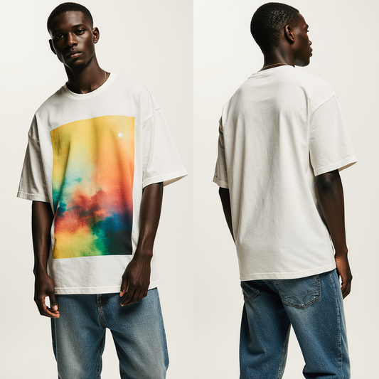 Oversized White T-Shirt with Vibrant Abstract Sunset Print – Streetwear Summer Fashion