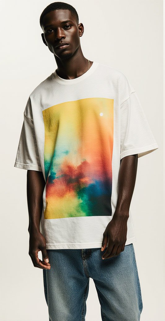 Oversized White T-Shirt with Vibrant Abstract Sunset Print – Streetwear Summer Fashion