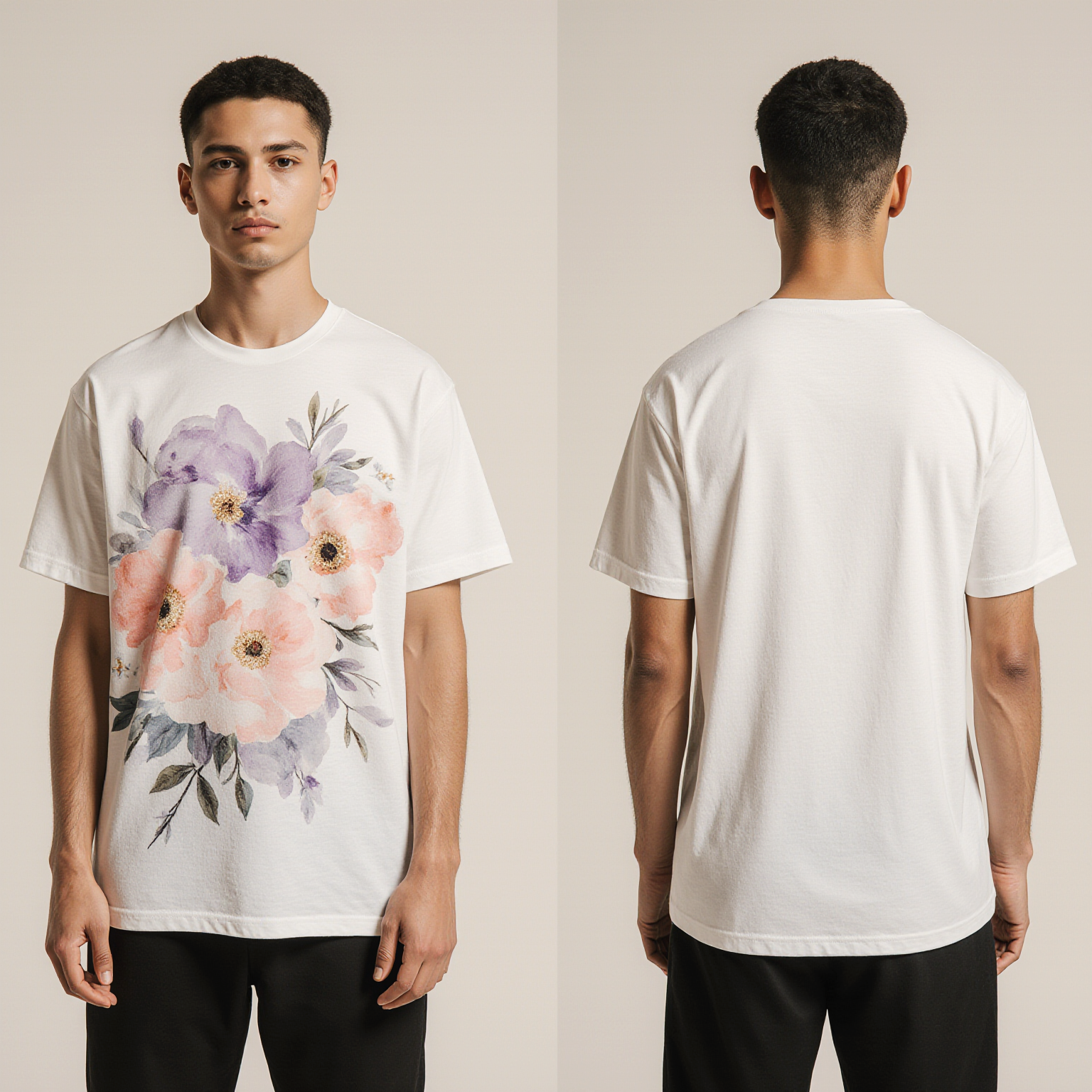 Men’s White T-Shirt with Watercolor Floral Print – Soft Cotton Casual Graphic Tee