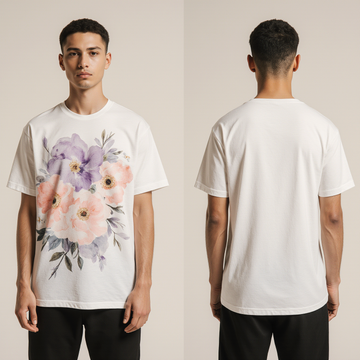 Men’s White T-Shirt with Watercolor Floral Print – Soft Cotton Casual Graphic Tee