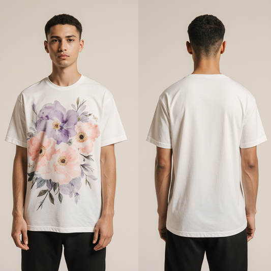 Men’s White T-Shirt with Watercolor Floral Print – Soft Cotton Casual Graphic Tee