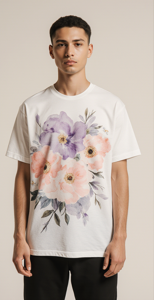 Men’s White T-Shirt with Watercolor Floral Print – Soft Cotton Casual Graphic Tee