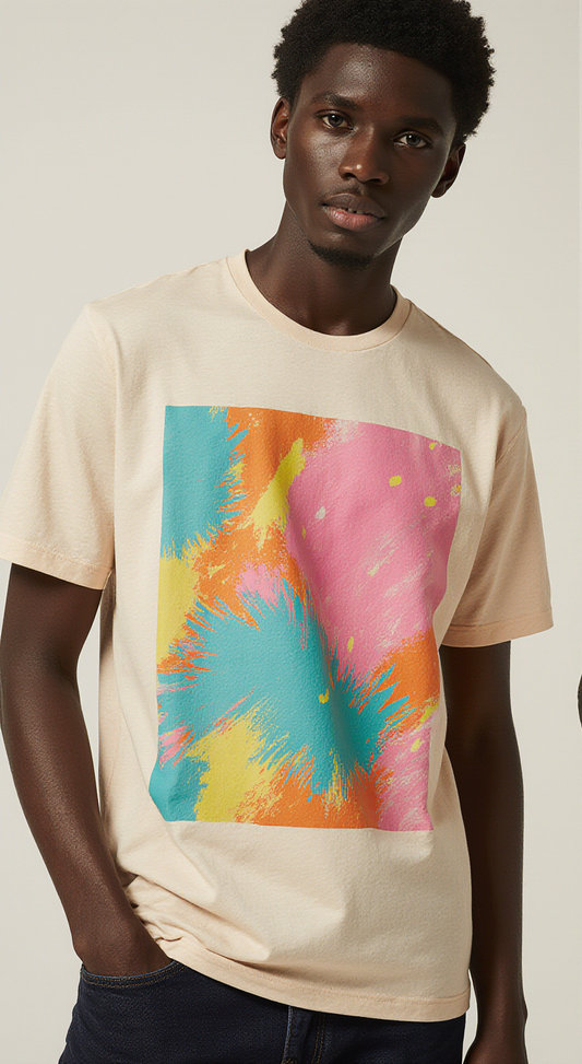 Men’s Beige T-Shirt with Color Splash Abstract Print – Trendy Streetwear Graphic Tee
