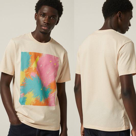 Men’s Beige T-Shirt with Color Splash Abstract Print – Trendy Streetwear Graphic Tee