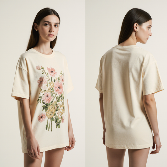 Oversized Beige T-Shirt with Vintage Botanical Floral Print – Women’s Luxury Streetwear Tee