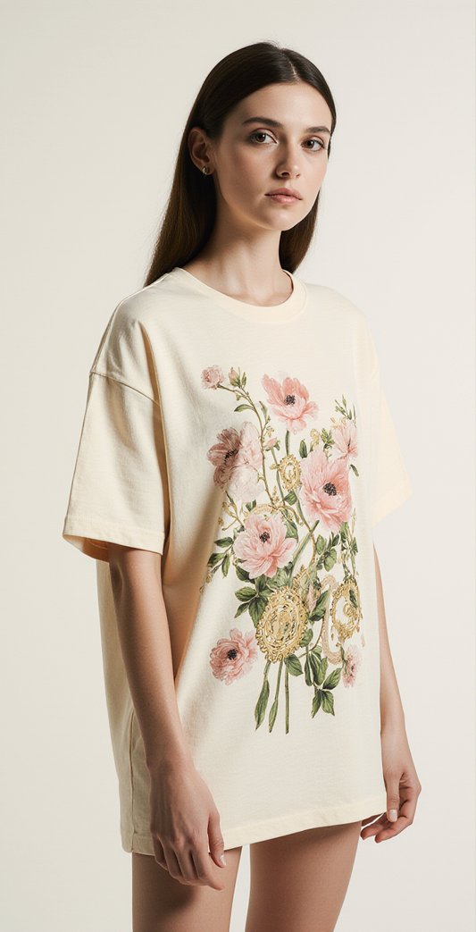 Oversized Beige T-Shirt with Vintage Botanical Floral Print – Women’s Luxury Streetwear Tee