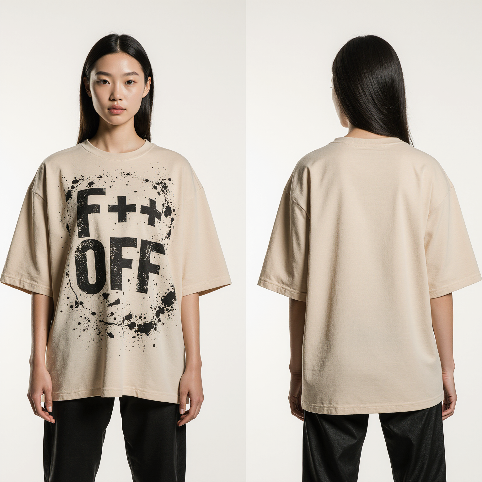 Oversized Beige Streetwear T-Shirt – Bold F++K OFF Graphic Tee for Women