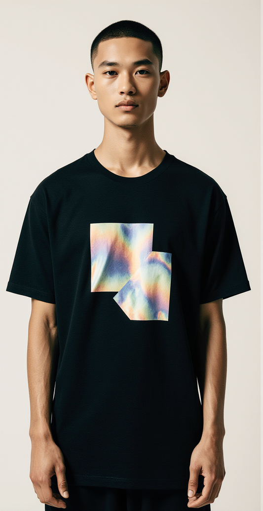 Men’s Oversized Black T-Shirt with Abstract Holographic Geometric Print – Streetwear Graphic Tee