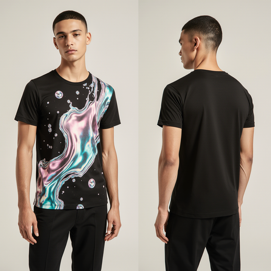 Black Liquid Holographic Print T-Shirt – Trendy Men's Streetwear