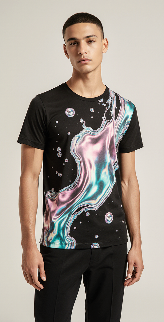 Black Liquid Holographic Print T-Shirt – Trendy Men's Streetwear