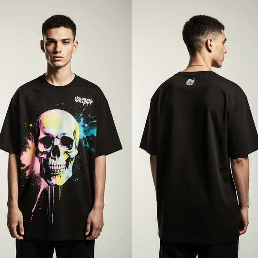 Men’s Oversized Black Skull T-Shirt – Neon Graffiti Streetwear Tee