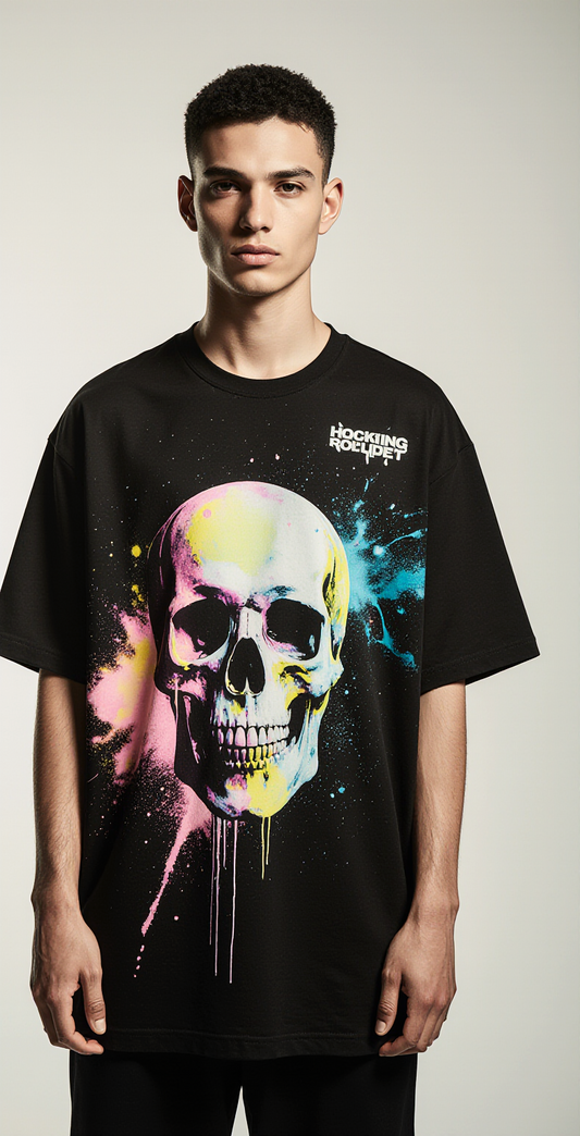 Men’s Oversized Black Skull T-Shirt – Neon Graffiti Streetwear Tee