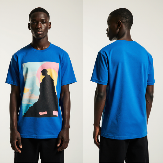 Bold Blue Graphic T-Shirt – Modern Art Silhouette Print Tee for Men