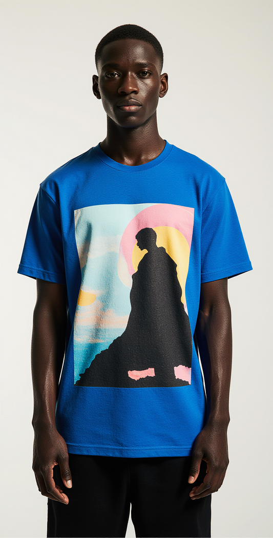 Bold Blue Graphic T-Shirt – Modern Art Silhouette Print Tee for Men
