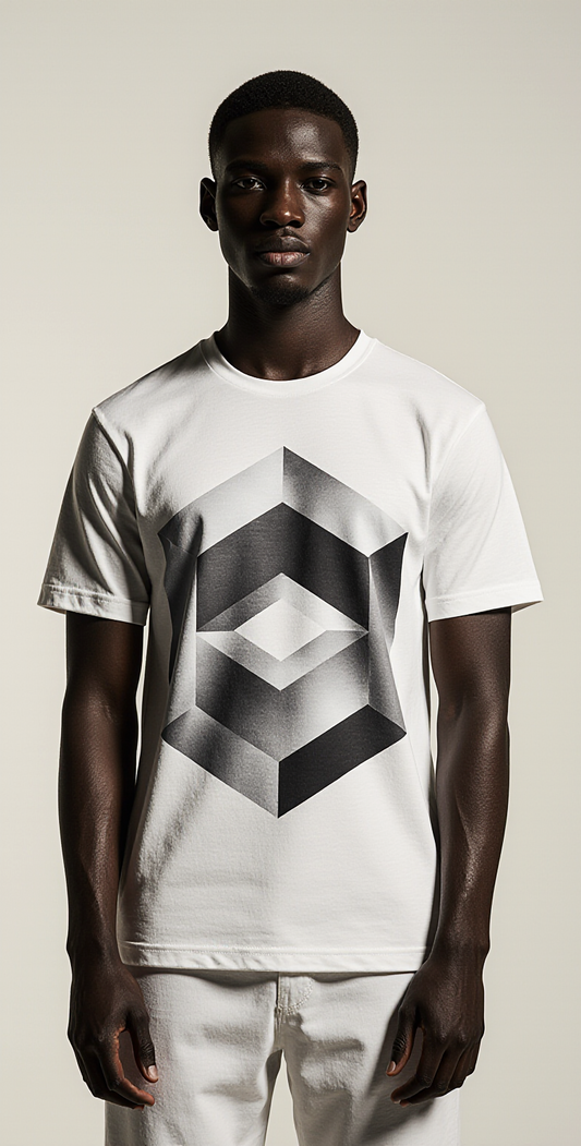 White Geometric Optical Illusion T-Shirt – Modern Minimalist Men’s Graphic Tee