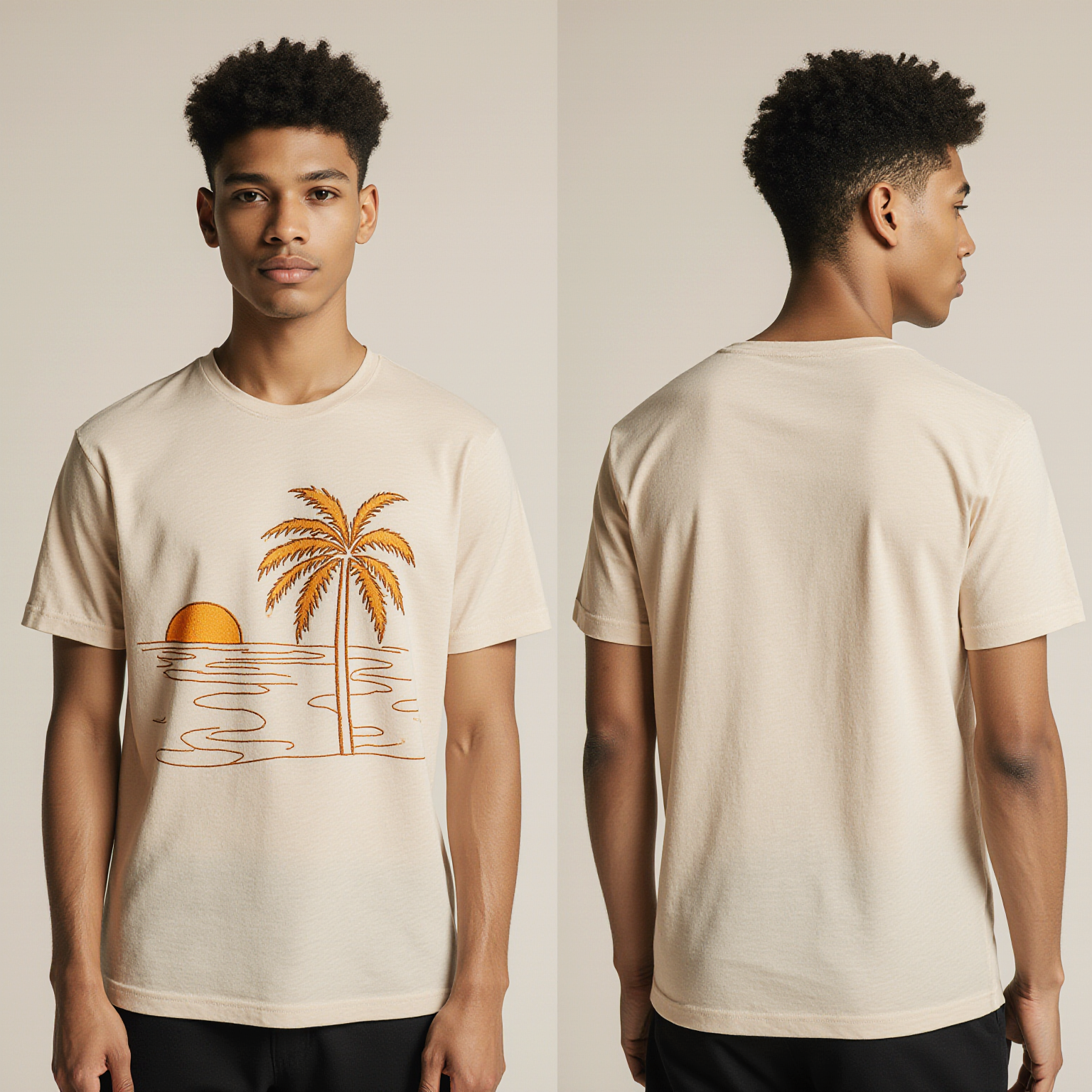 Beige Sunset Palm Tree T-Shirt – Minimalist Tropical Graphic Tee for Men