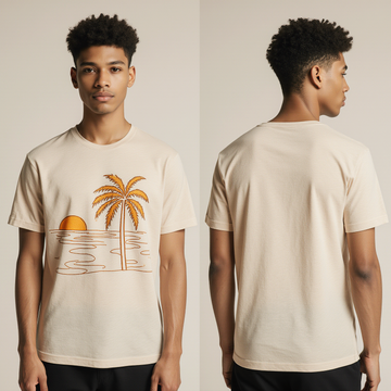 Beige Sunset Palm Tree T-Shirt – Minimalist Tropical Graphic Tee for Men