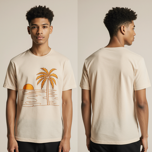Beige Sunset Palm Tree T-Shirt – Minimalist Tropical Graphic Tee for Men