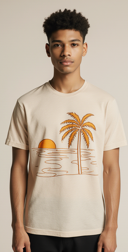 Beige Sunset Palm Tree T-Shirt – Minimalist Tropical Graphic Tee for Men