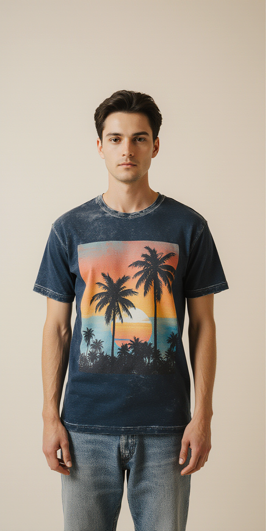 Vintage Sunset Palm Tree Graphic T-Shirt – Retro Summer Beach Style for Men