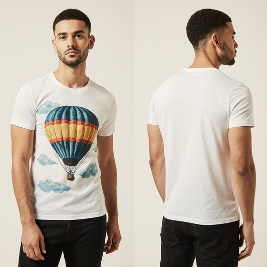 White Hot Air Balloon Graphic T-Shirt for Men – Premium Cotton – Vintage Travel Style