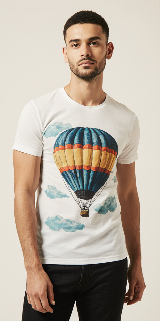 White Hot Air Balloon Graphic T-Shirt for Men – Premium Cotton – Vintage Travel Style