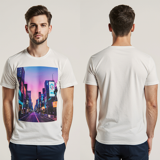White Neon Cityscape Graphic T-Shirt for Men – Premium Cotton – Urban Streetwear