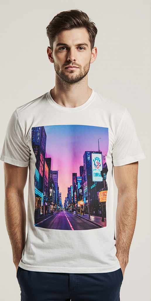 White Neon Cityscape Graphic T-Shirt for Men – Premium Cotton – Urban Streetwear