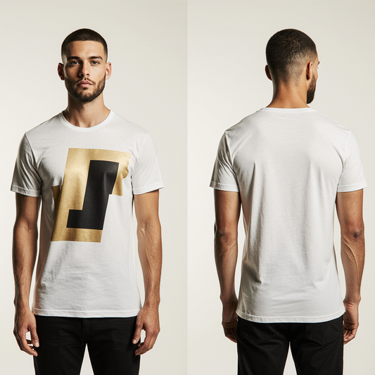White Minimalist Gold and Black Geometric T-Shirt for Men – Premium Cotton – Modern Streetwear