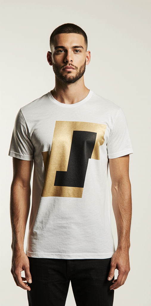 White Minimalist Gold and Black Geometric T-Shirt for Men – Premium Cotton – Modern Streetwear