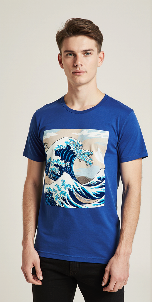 Royal Blue Japanese Wave Graphic T-Shirt for Men – Premium Cotton – Modern Streetwear