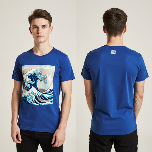 Royal Blue Japanese Wave Graphic T-Shirt for Men – Premium Cotton – Modern Streetwear