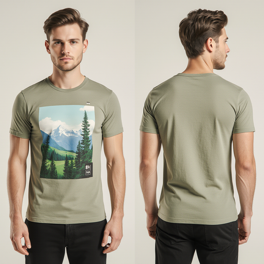 Men’s Khaki Green Mountain & Forest Graphic T-Shirt – Nature Style, Casual & Outdoor Wear