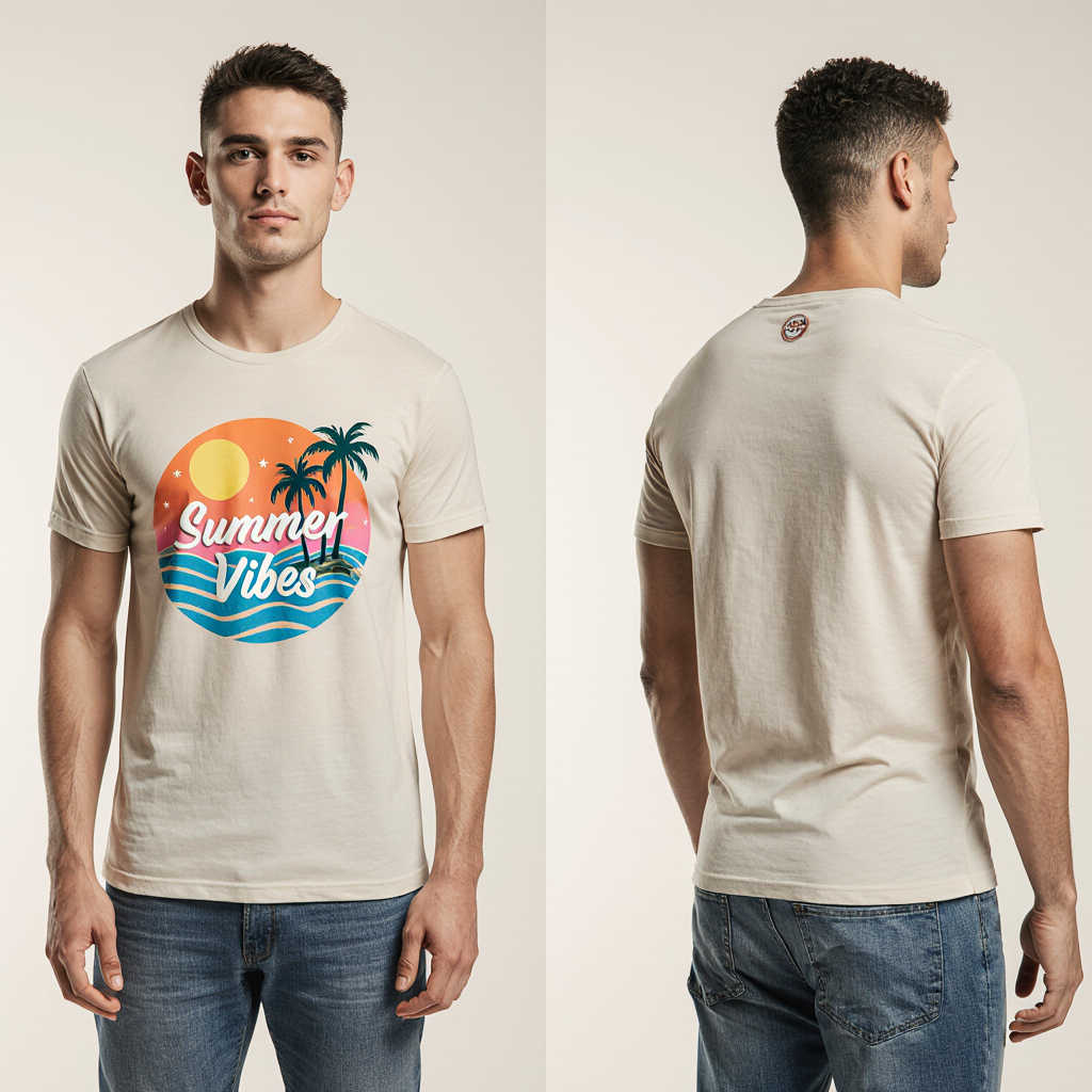 Beige "Summer Vibes" Graphic T-Shirt for Men – Premium Cotton – Tropical Beach Style