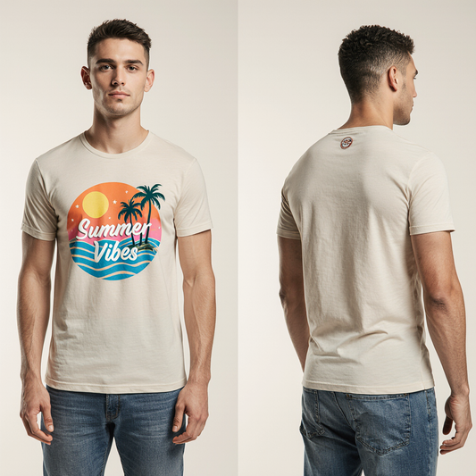 Beige "Summer Vibes" Graphic T-Shirt for Men – Premium Cotton – Tropical Beach Style