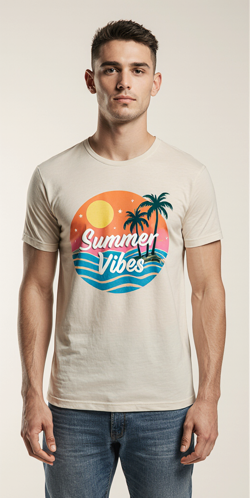 Beige "Summer Vibes" Graphic T-Shirt for Men – Premium Cotton – Tropical Beach Style