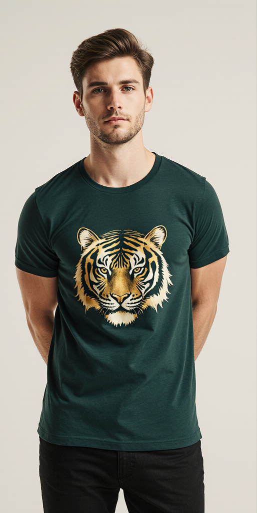 Dark Green Tiger Head Graphic T-Shirt for Men – Premium Cotton – Modern Streetwear