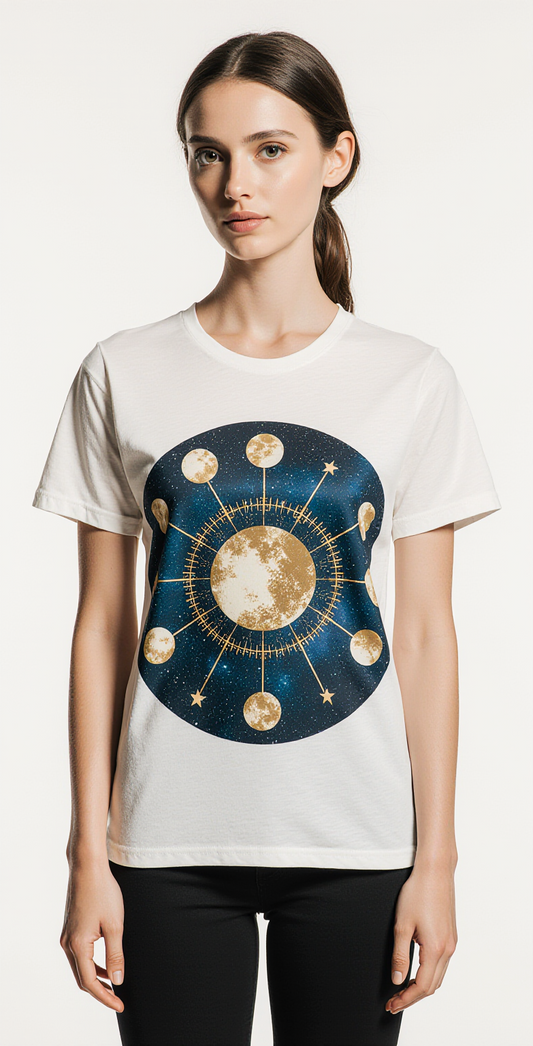 Women’s Astrology Moon Phase T-Shirt – Celestial Graphic Tee, Boho Chic Cosmic Fashion
