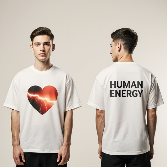 Men’s Oversized White T-Shirt – “HUMAN ENERGY” Heart Graphic Luxury Streetwear