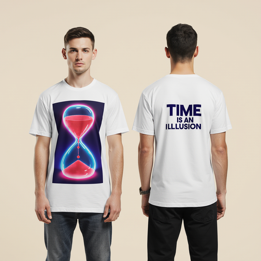 Men’s Oversized White T-Shirt – “TIME IS AN ILLUSION” Hourglass Graphic Streetwear