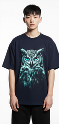 Oversized Night Vision Owl T-Shirt – Dark Navy Streetwear Tee with Neon Graphic
