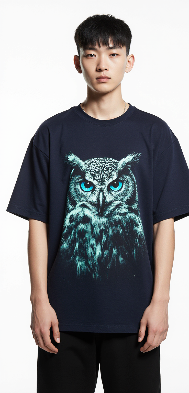 Oversized Night Vision Owl T-Shirt – Dark Navy Streetwear Tee with Neon Graphic