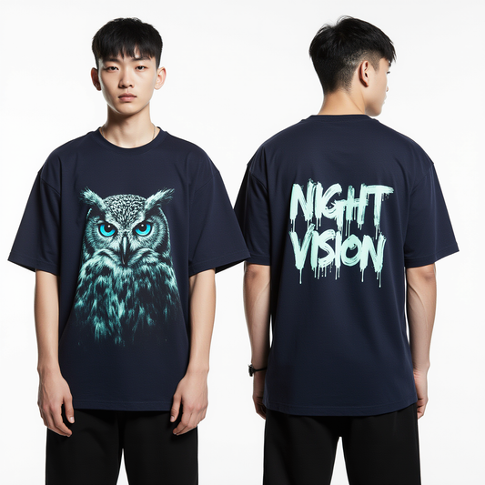Oversized Night Vision Owl T-Shirt – Dark Navy Streetwear Tee with Neon Graphic