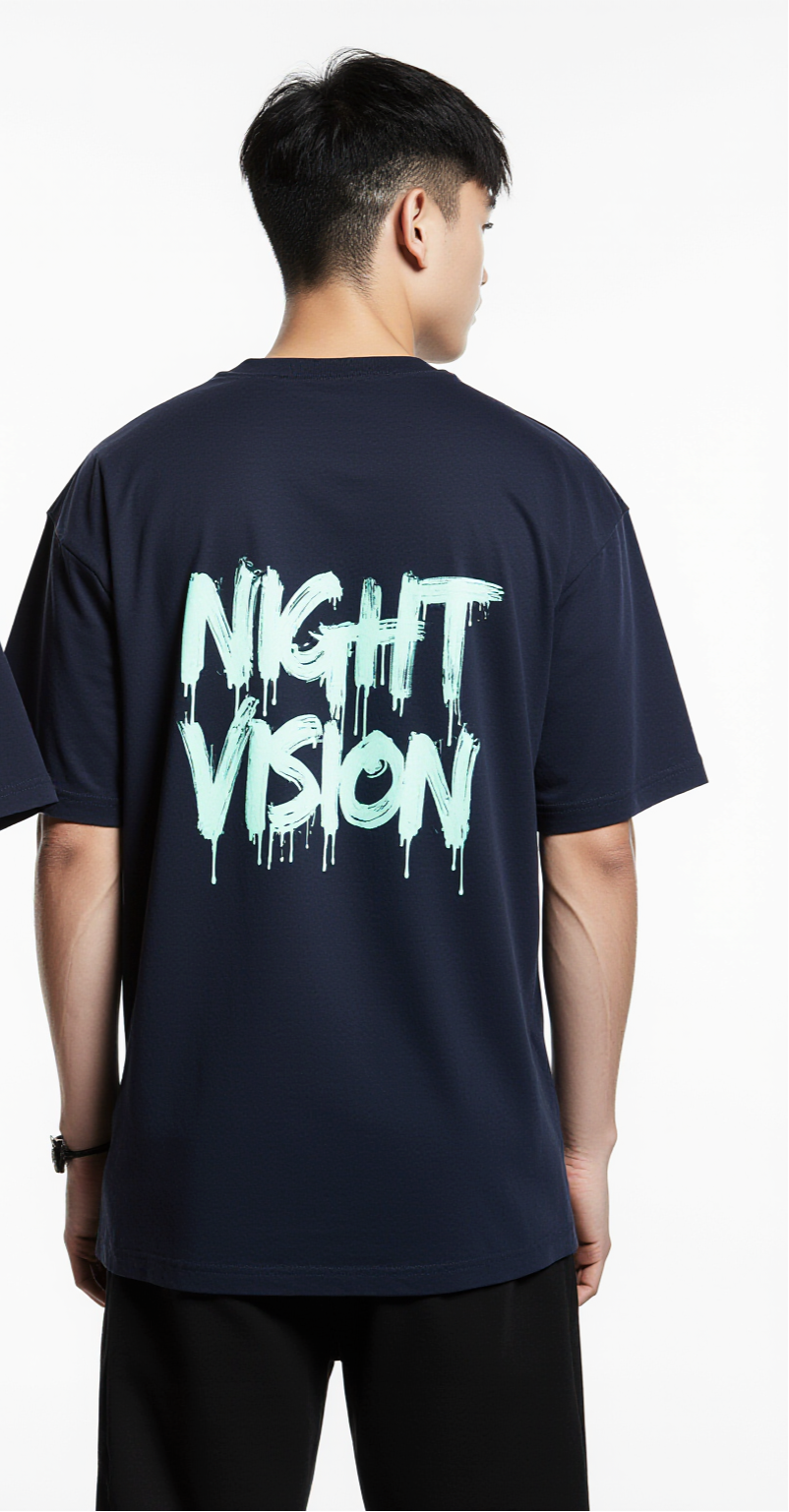 Oversized Night Vision Owl T-Shirt – Dark Navy Streetwear Tee with Neon Graphic